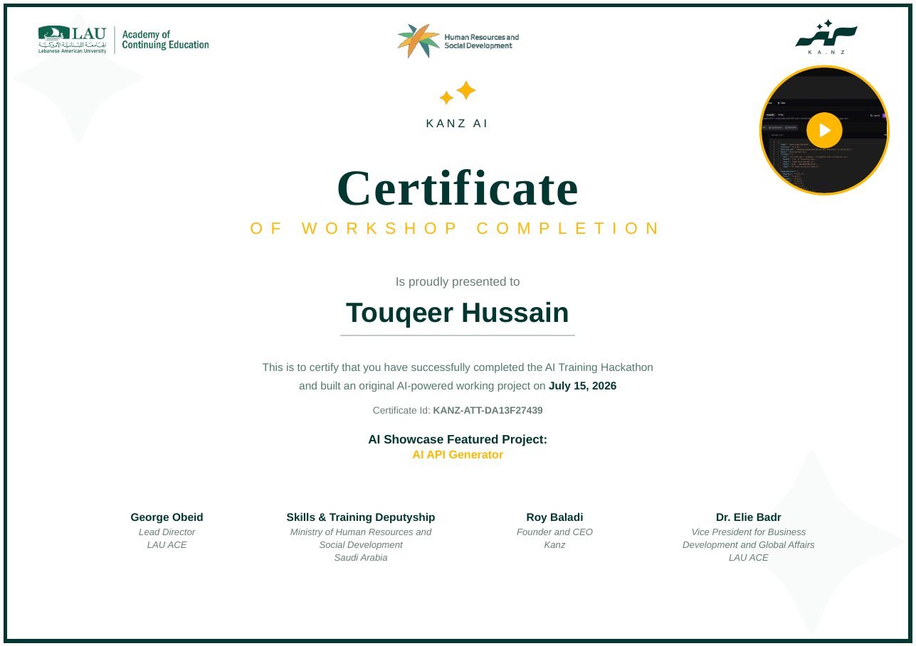 Kanz AI Training Hackathon 2026 certificate